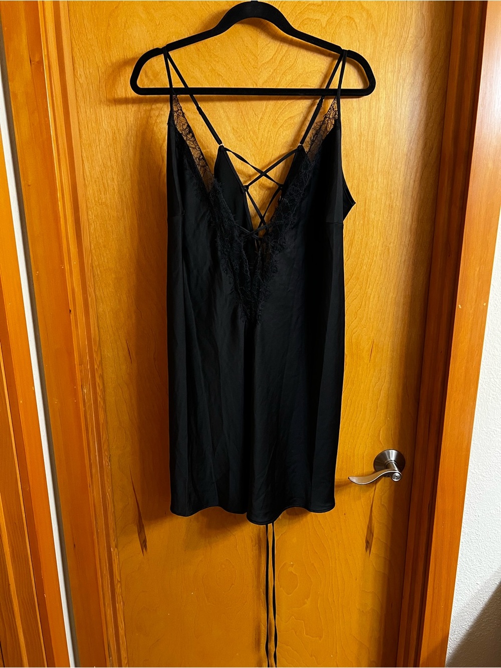 Black Lace-Trim Slip Dress with Crisscross Back